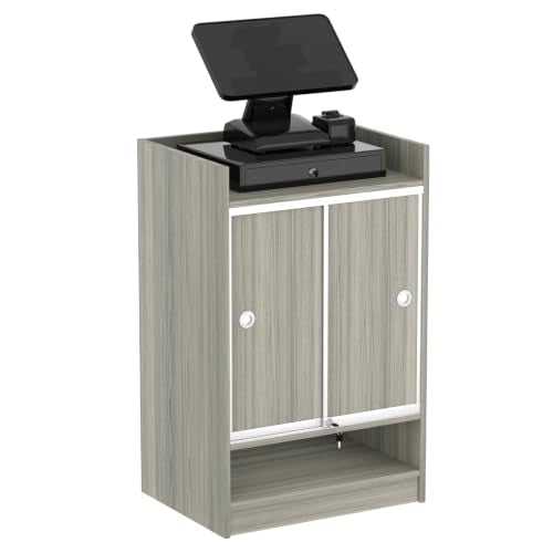 24" W x 38" H x 18" D Wooden Cash Register Stand, Podium Stand, Restaurant Reception Desk with Lockable Sliding Doors and Storage compartments. (Gray Wood Grain) - color: Gray Wood Grain