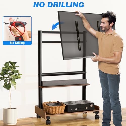 Rfiver Heavy Duty Rolling TV Stand with Wheels for Most 40-86 Inch TVs up to 150lbs, Height Adjustable Mobile TV Stand with Shelf, Floor TV Stand for Living Room, TV Cart Max VESA 600x400mm (Brown) - color: Brown