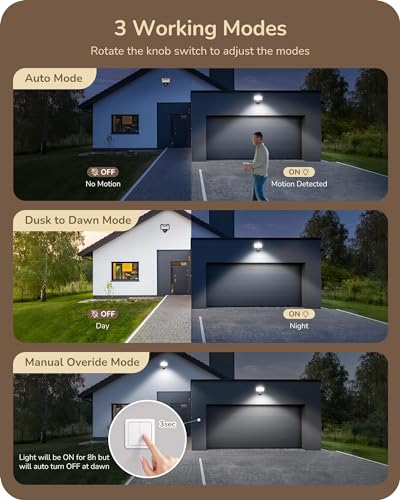 EDISHINE 180° Motion Sensor, Adjustable Time/Range to 60FT, 3 Modes, Brown - color: Brown