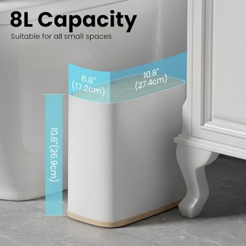 Bathroom Trash Can, 2.1 Gal Small Slim, Plastic White, Faux Wood Grain Lid - color: White and Wood Grain, size: 8L/2.1Gal