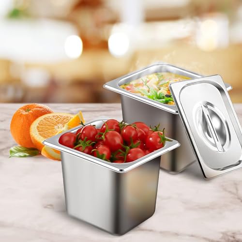 6 Pack Hotel Pans 1/6 Size 6" Deep Stainless Steel Steam Table Pan w/Lids - color: 1/6, size: 6'' Deep