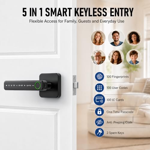 Smart Fingerprint Door Lock Knob, Biometric Keyless Entry Bedroom Handle - color: Black