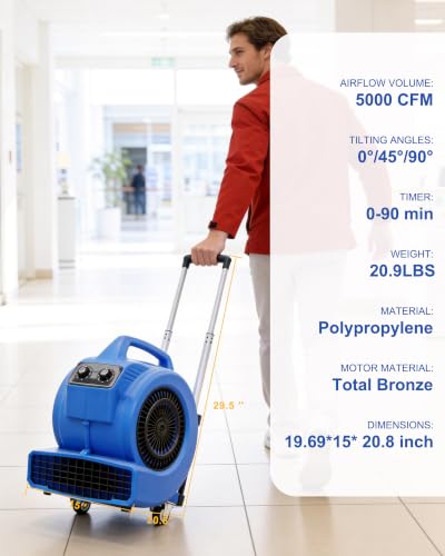 Air Mover Blower Fan 1.5HP, 5000CFM 3-Speed Floor Dryer with 90min Timer