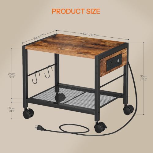 HOOBRO Industrial Printer Stand, 2-Tier Mobile Printer Table, Rolling Cart with Power Outlets and USB Ports, Home Printer Stand with 2 Hooks, for Office, Living Room, Rustic Brown BF32UPS01 - color: Rustic Brown + Black, size: 16.5'' x 11'' x 13.8''