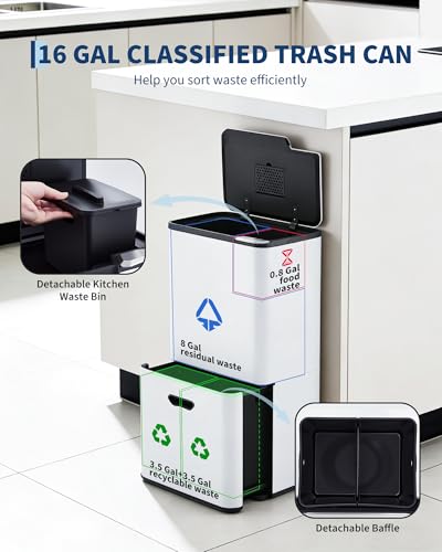 Garvee Dual Trash Can for Kitchen, 2 Compartment (33L + 28L) Garbage Can - color: White, size: 33L+28L