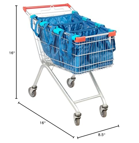 Handy Sandy Cart Caddy – 3-Pack Reusable Shopping Bags with Cart Clips | Heavy-Duty Grocery Organizer Tote Set | Eco-Friendly, Foldable, 40 lb Capacity | Blue - color: Bright Blue