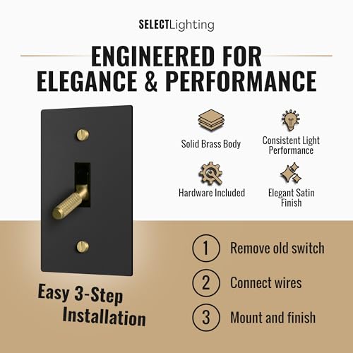 SELECT 1-Gang Solid Brass Toggle Switch, 3-Way Compatible with Faceplate - color: Black with Brass, size: 1 Gang, style: Toggle Switch