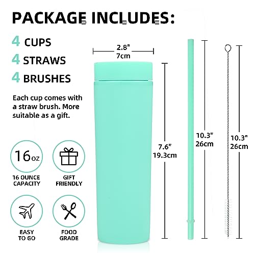 Volhoply 16oz Plastic Skinny Tumbler With Lid and Straw Bulk 4 Pack,Insulated Double Wall BPA Free Matte Acrylic Tumblers,Iced Coffee Travel Mug Reusable Party Cup,Customizable Diy Gifts(Green,4 Set) - color: Green