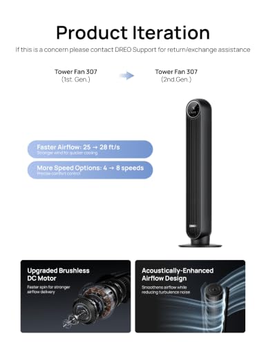 DREO Tower Fan for Bedroom, 28ft/s Velocity, Ultra Quiet Fan, 8 Speeds - color: Black, size: 36 inch
