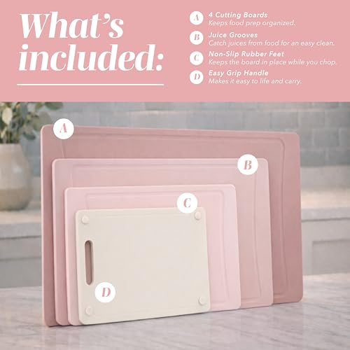 COOK WITH COLOR Non-Slip Cutting Board Set – Kitchen Essentials with Easy Grip Handle for Meat, Veggies, and Fruits, 4 Cutting Boards, Pink - color: Pink, size: 4 Cutting Boards