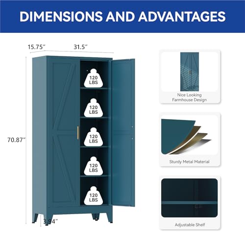 COFaR Metal Pantry Cabinet with Doors, Farmhouse 71'' Tall Storage Cabinet with 4 Adjustable Shelves, Kitchen Pantry Cabinet for Dinning Room, Laundry, Peacock Blue 5-Tier - color: Peacock Blue, size: 15.75''D × 31.5''W × 70.87''H-L01
