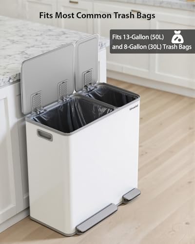 Lovewind Dual Trash Can, 14 + 6 Gallon Garbage Can for Kitchen Dual Compartment Recycling Kitchen Step Trash Bin, Stainless Steel Trash and Recycle Bin Combo with Soft-Close Lid, White - color: White, size: 14 + 6 Gallon