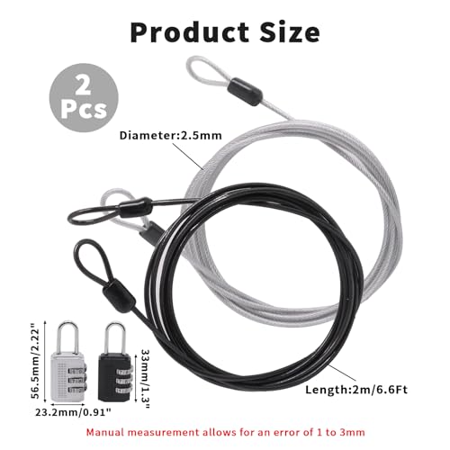 Cable Lock Double Loops 6.6Ft Long Silver & Black Security Cables with Lock, Bike Locks Cables 2.5mm Braided Steel Coated Safety Cable Wire Rope for Luggage, Outdoor, Clothesline (2 Pack) - color: Silver & Black, size: 6.6Ft (2 Pack)