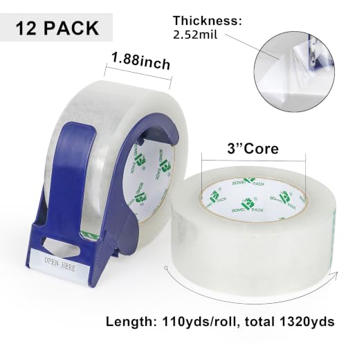 BOMEI PACK Clear Packing Tape, 12 Rolls Heavy Duty Packaging Tape for Shipping Packaging Moving Sealing, Thicker Clear Packing Tape, 1.88 inches Wide, 110 Yards Per Roll, Total 1320 Yards - color: Clear, size: 110yds