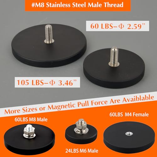 MUTUACTOR Neodymium Rubber Coated Magnet,105lbs Strong Rubber Rare Earth Magnets M8 Male Screw,2PCS Non-Scratch Mounting Magnet for Off-Road Vehicle Lighting LED Working/Signal Lights, Antenna - size: 105 lbs M8 Male 2pcs with rubber coating