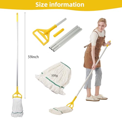 Commercial Industrial Mop with 59" Long Handle & 3 Replacement Mop Heads