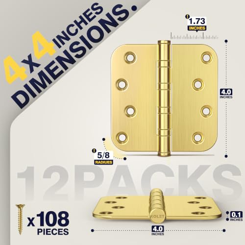 KOLET 4 Inch Brushed Gold Ball Bearing Door Hinges 5/8'' Radius 12 Pack - color: Gold, size: 12 Packs