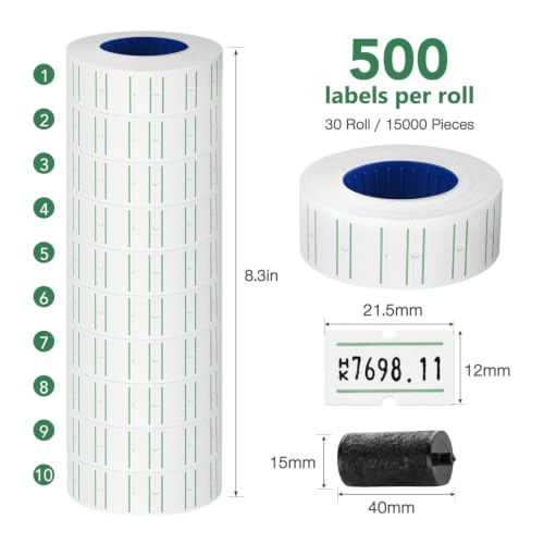 30 Rolls 15000pcs White Price Gun Labels for Mx-5500 Labeller White Pricemarker Stickers Plus 3 Piece Refill Ink Rolls (Green Lines) - color: Green Lines