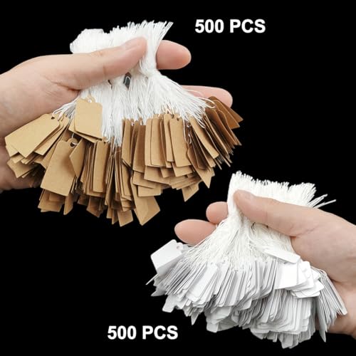 SourceTon 1000pcs Kraft & White Price Tags with Strings - Writable Hanging Labels for Jewelry, Clothing, Gift Shop Display (White,Brown)