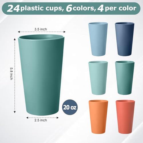 24 Pcs Unbreakable Plastic Cups Set, 20 oz Reusable Plastic Cups, Stackable Water Tumblers, Drinking Cup for Kitchen, Outdoor, BPA-free, Dishwasher Refrigerator and Microwave Safe (20 oz, 6 Colors) - color: 6-Dark Multicolor, size: 20 oz