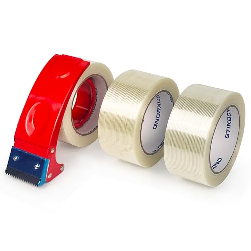 Strapping Tape 5.5Mil x 2Inch x 35Yds with Dispenser 3-Packs,Mono Fiberglass Reinforced Packing Tape Heavy Duty Wear-Resistant Sealing Tape for Shipping,Moving (Total 105Yds)