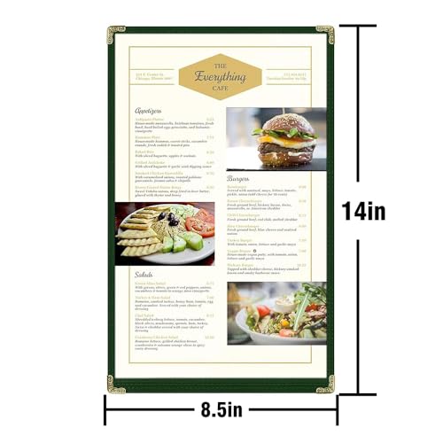 Goodsmart Restaurant Menu Covers – 25 Pack Green 2-View, Top-Loading Menu Holders, Vinyl & Plastic Café Menu Covers, Clear Menu Sleeves, Fits 8.5" x 14", Leather-Style Design, Gold Corners - color: Green, size: 1 Page / 2 Views - 8.5" x 14"