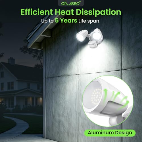 ALUSSO Metal Heads Motion Sensor Outdoor Lights 30W 3600LM 120V ETL Listed - color: White 3 Modes Metal 30W