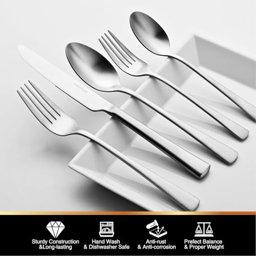 18/10 Flatware set for 12, 60 Piece Matte Stainless Steel Silverware Set - color: Matte Silver, size: 60-Piece