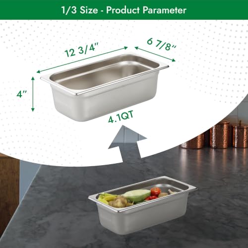 HECMAC 6 Pack Anti-Jam Hotel Pans, 1/3 Size 4 Inch Deep, Commercial Stainless Steel Chafing Steam Table Pan, Catering Storage Metal Food Pan, 23 Gauge - size: 1/3 Size, 4" Deep