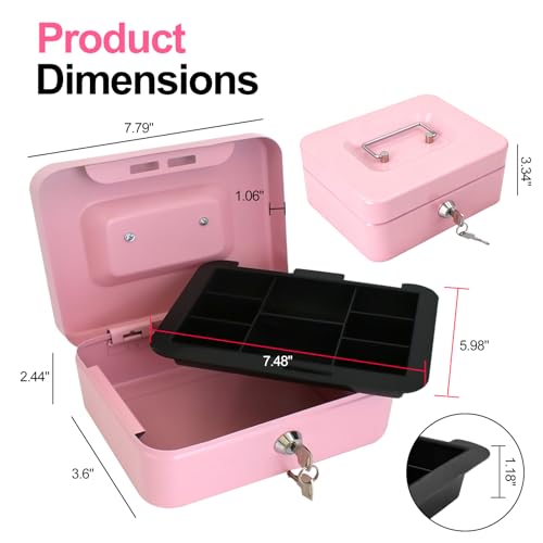 8" Cash Box with Money Tray, Pink, Medium - color: Pink, size: Medium