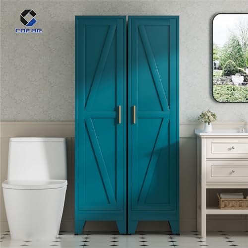 COFaR 67'' Tall Narrow Bathroom Storage Cabinet, Metal Farmhouse Skinny Pantry Cabinet with 4 Adjustable Shelves and One Door, Slim Cabinet Storage for Kitchen Laundry, 5-Tier Peacock Blue - color: Peacock Blue, size: 11.81''D × 15.75''W × 66.93''H-L04