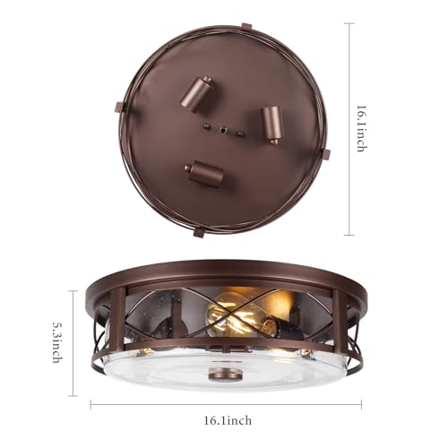 16 Inch Large Flush Mount Ceiling Light with Seeded Glass, 3-Light Bronze Round Ceiling Lamp, Modern Farmhouse Indoor Outdoor Ceiling Lighting for Kitchen Bedroom Living Dining Room - color: ROS578L ORB