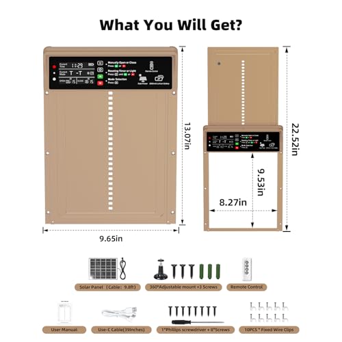 Automatic Chicken Coop Door Solar Powered with Timer & Light Sensor, Pet Deluxe Chicken Door with 7W Solar Panel, Anti-Pinch Safety, 10PCS Wire Clips and Aluminum Alloy, Long-Range Remote - Brown - color: Brown