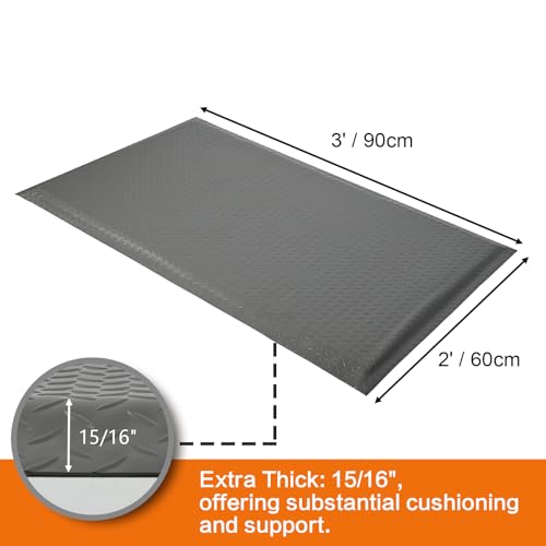 Nisorpa Anti Fatigue Mats Industrial 2' x 3' Ergonomic Standing Mat 15/16" Extra Thick Shop Floor Mat Heavy Duty Commercial Diamond Plate Support for Leg & Back Pain, Grey - size: 2' x 3'