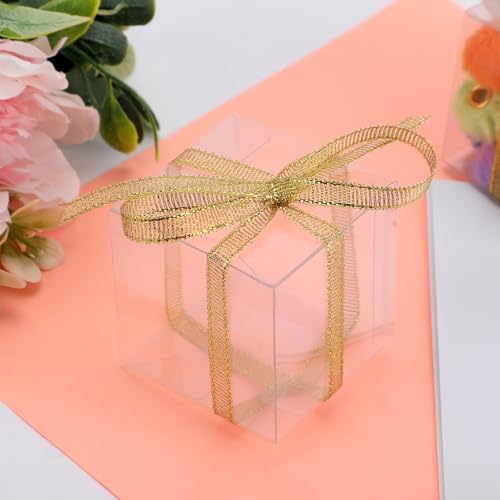 Gabrella 60 Pack Clear Favor Boxes, 2x2x2 Inch Candy Boxes with Ribbons, Small Candy Containers Plastic Gift Box for Macaron, Wedding, Baby Shower, Birthday, Party Favors
