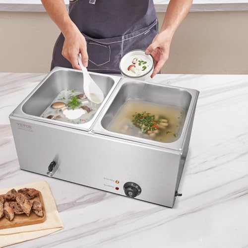 VEVOR 110V 2-Pan Commercial Food Warmer 1200W Electric Steam Table 15cm/6inch Deep Stainless Steel Bain Marie 24 Quart for Buffet Catering, Silver - size: 2x1/2Pan ;24QT