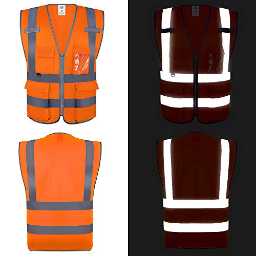 Dazonity High Visibility Safety Vest with Multi Pockets and Zipper, 2XL,Reflective Strips, Fit for Men & Women, Work, Construction,Cycling, Runnning, Surveyor, Volunteer (Orange-2XL) - color: Orange-2xl
