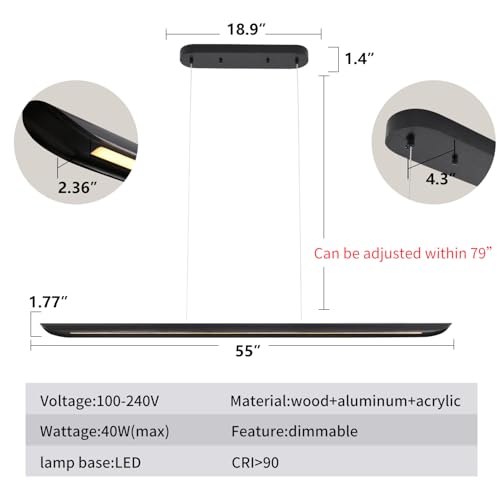 55" Modern LED Linear Pendant Light,Dimmable Kitchen Island Light 40W LED lsland Lights for Kitchen,Adjustable Linear Chandelier for Dinning Room Light Fixture, Bar, Pool Table Light Black Wood Finish - color: Black, size: 55IN