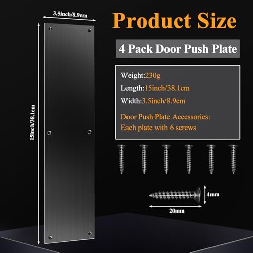 4Pcs Push Door Plate 15x3.5" Stainless Steel Door Push Plate Door Kick Plate,Brushed Doorplate Door Proection Metal Plate with 12 Screws for Door Interior Exterior Accessories(Black)