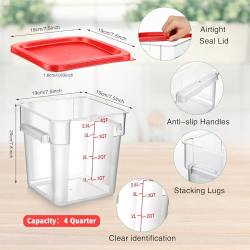 Suclain 2 Pcs Square Food Storage Container Polycarbonate Clear Food Container with Lid Commercial Rice Storage with Graduations for Commercial Kitchen(2 Qt,4 Qt,Red) - color: Red, size: 2 Qt,4 Qt