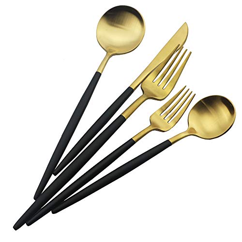 JASHII Luxury Black Gold Flatware, Silverware Sets, 20-piece Elegant Cute 18/10 Stainless Steel Silverware Set for Eating Home Kitchen Hotel Restaurant, Service Sets for 4 People, Dishwasher Safe - color: Black Handle Gold, size: Service for 4