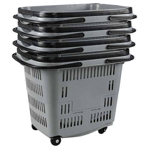 50 Liter Large Plastic Shopping Basket with Wheels, 4 Pack, Gray