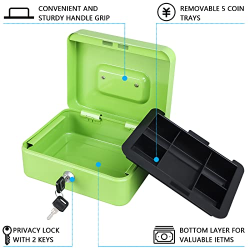 KYODOLED Medium Cash Box with Money Tray,Small Safe Lock Box with Key,Cash Drawer,7.87"x 6.30"x 3.54" Limegreen Medium - color: Limegreen, size: Medium