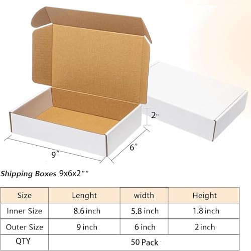 50 Pack 9x6x2 Shipping Boxes, White Corrugated Cardboard Packaging Box for Small Business - color: White-9x6x2