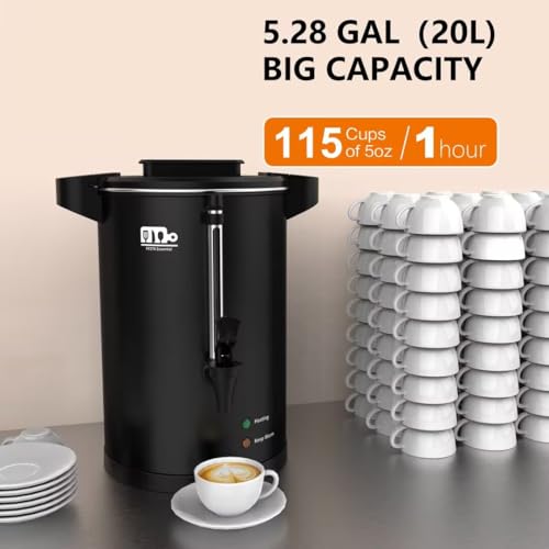 115-Cup 20L Commercial Coffee Urn, Festa Essential 1500W Double Wall Large Percolate Coffee Maker Stainless Steel Hot Water Urn Dispenser with Double Dripless Faucet, Quick-Brewing for Catering, Black - size: 20L-115Cups