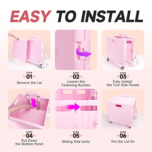 Nedcart Rolling Crate with Stair Climbing Wheels, Foldable Utility Cart with Detachable Lid & Telescoping Handle, Portable Rolling Cart Tote Basket for Teacher Upstairs Grocery Shopping