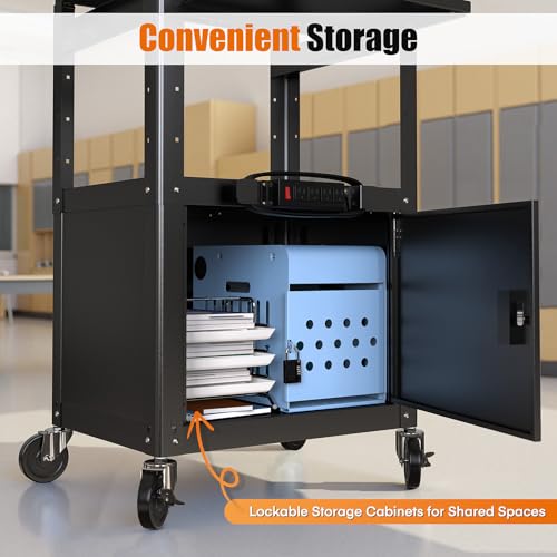 Steel Large AV Cart with Extra Storage - Adjustable Height Cart with Locking Cabinet, Pullout Tray, Power Strip, and Cord Management - Holds 300 lbs and Easy to Assemble (24'' x 18'' x 42'') - style: AV Cart with Storage(M-AV-G)