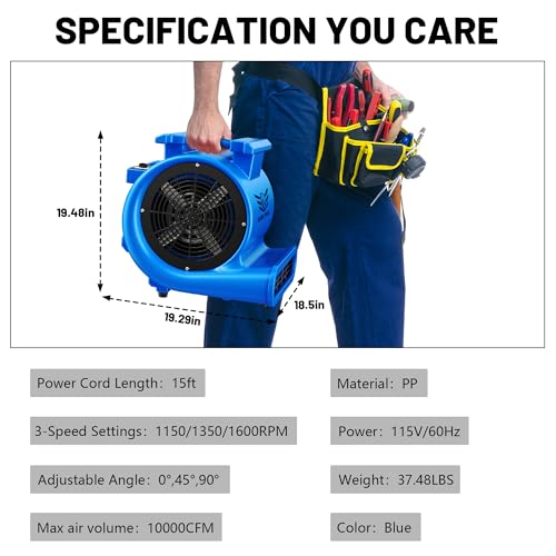Air Mover Blower Fan, Industrial 1.5HP MAX10000CFM Monster Floor Blower Carpet Dryers - 3 Speeds, 4 Adjustable Angles, 15FT Long Cord, Stackable Blue- 2026 Upgraded - color: Blue, size: 10000CFM