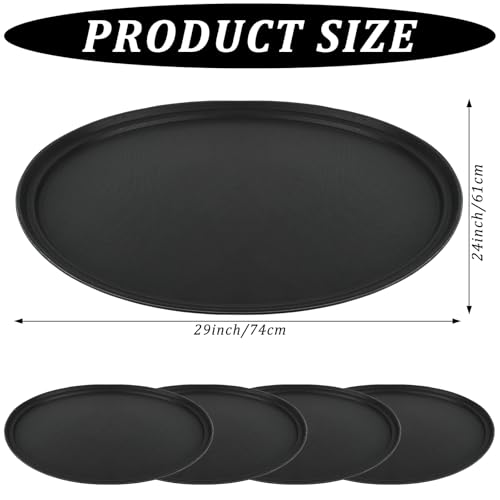 4Pcs 24 Inch x 29 Inch Large Restaurant Serving Trays, Black PP Plastic Non Slip Tray,Oval Plastic Food Serving Tray with Raised Edges for Home Kitchen Restaurant Cafeterias Fast Food Service