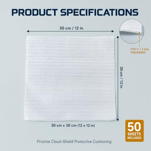 50 Pack 12x12 Inch 1mm PE Foam Wrap Sheets for Moving Shipping Glassware